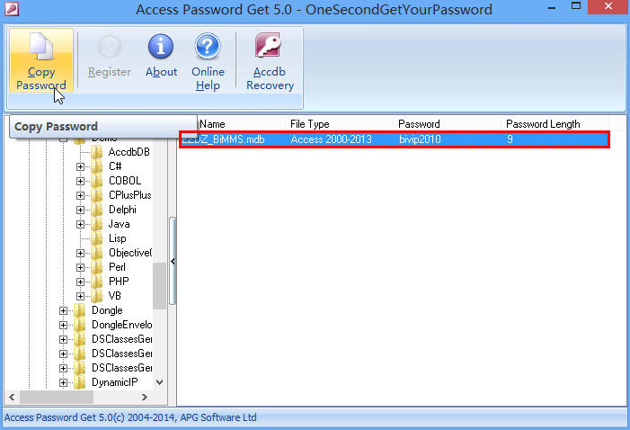 Copy Recovered Access Database (.mdb) Password Screen