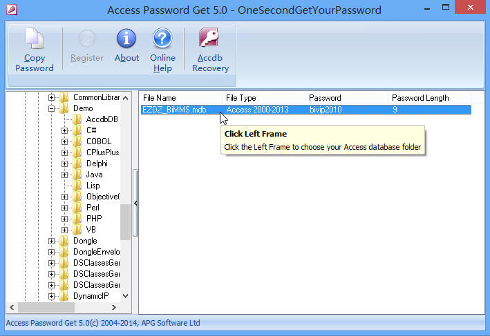 Password Recovery Screen of Protected .mdb file